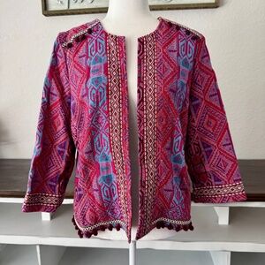 But From The Kloth Boho Tribal Print Open Front  Jacket Blazer Pom Pom Size M